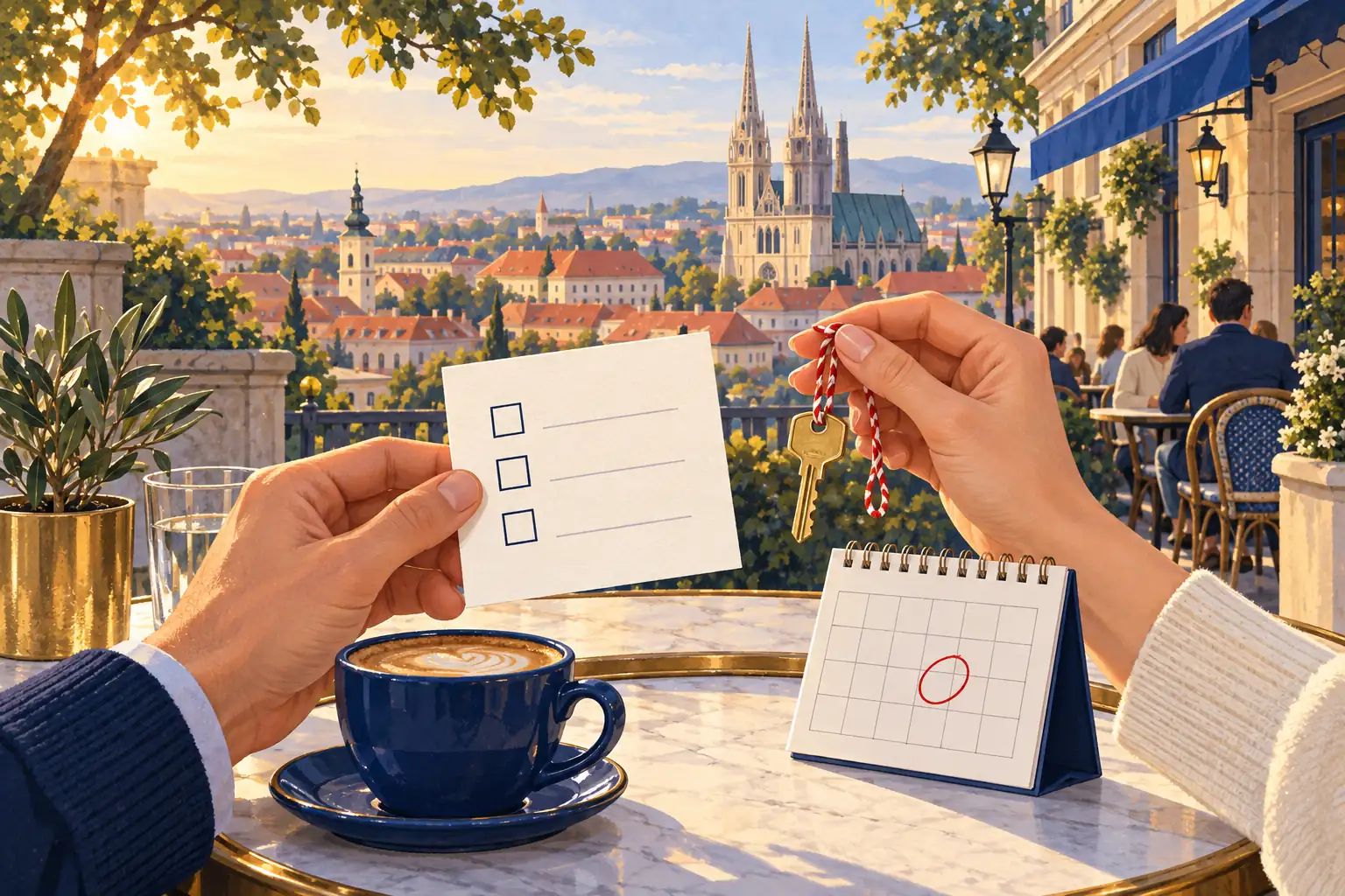 Ilustracija ruku koje drže karticu s popisom i ključ na crveno-bijeloj vrpci, pokraj kalendara sa zaokruženim datumom.