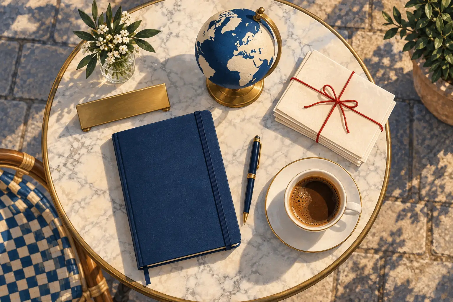 Illustration of a café table from above with a navy notebook, pen, globe, coffee and letters tied with red string.