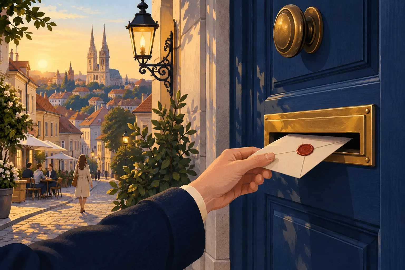 Illustration of a hand pushing a sealed envelope through the brass letter slot of a blue door, Zagreb behind.