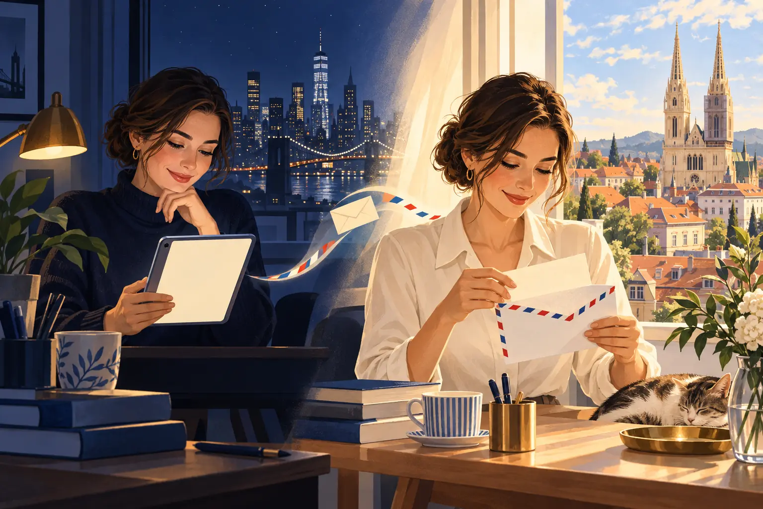 Ilustracija žene koja noću u New Yorku čita tablet i žene koja danju u Zagrebu otvara zračnu poštu.