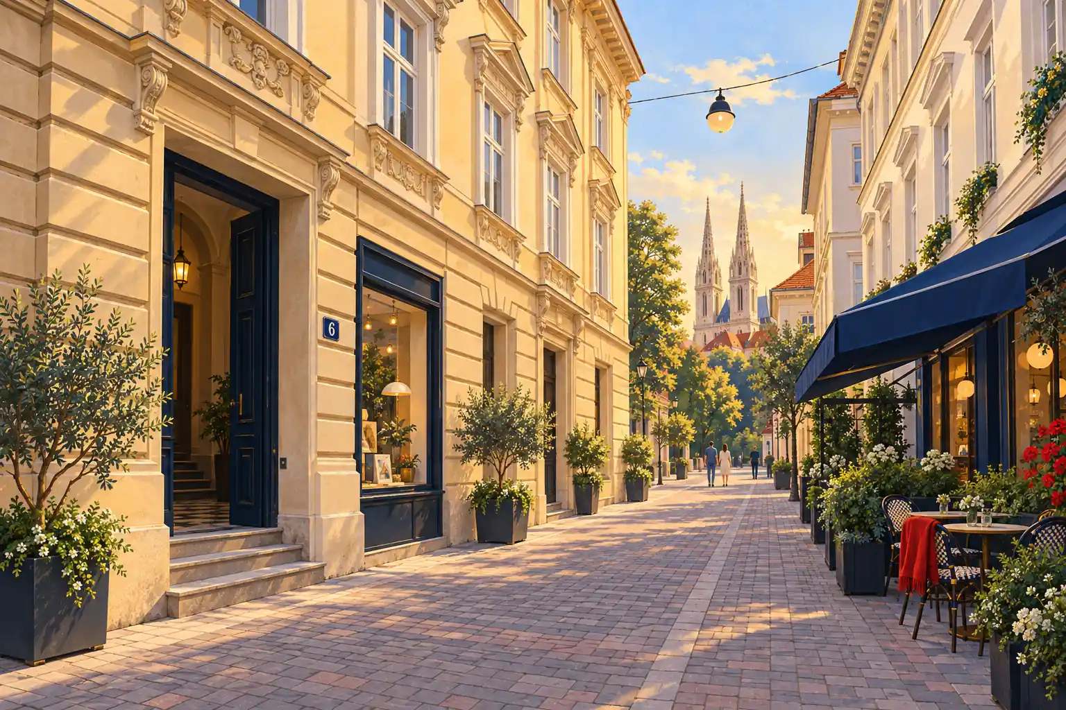 Illustration of a sunlit Zagreb street with a doorway numbered 6, café tables and the cathedral beyond.