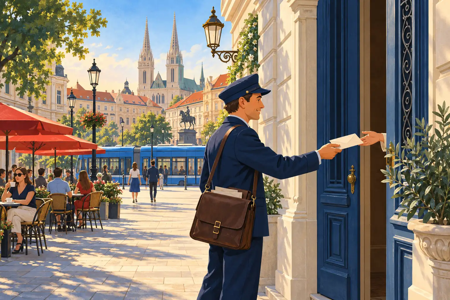 Illustration of a postman in a cap handing an envelope to a hand reaching out of a blue door.