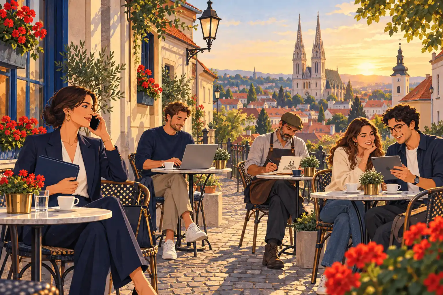 Illustration of five people on a café terrace above Zagreb, working on a phone, laptop, sketchbook and tablet.