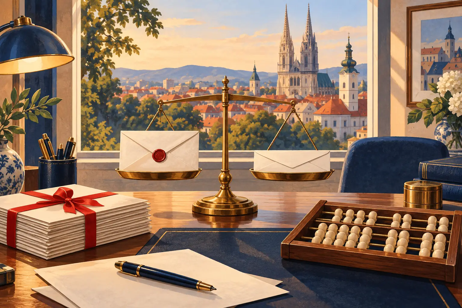 Illustration of a desk with a brass scale holding two envelopes, a ribboned stack of letters and an abacus.