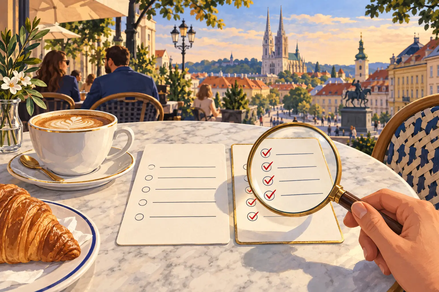 Illustration of two checklist cards on a café table, one under a magnifying glass, beside a coffee and a croissant.