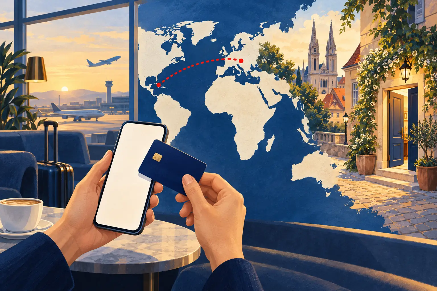 Illustration of hands holding a phone and a card in an airport lounge, before a world map with a red line to Zagreb and a doorway near the cathedral.