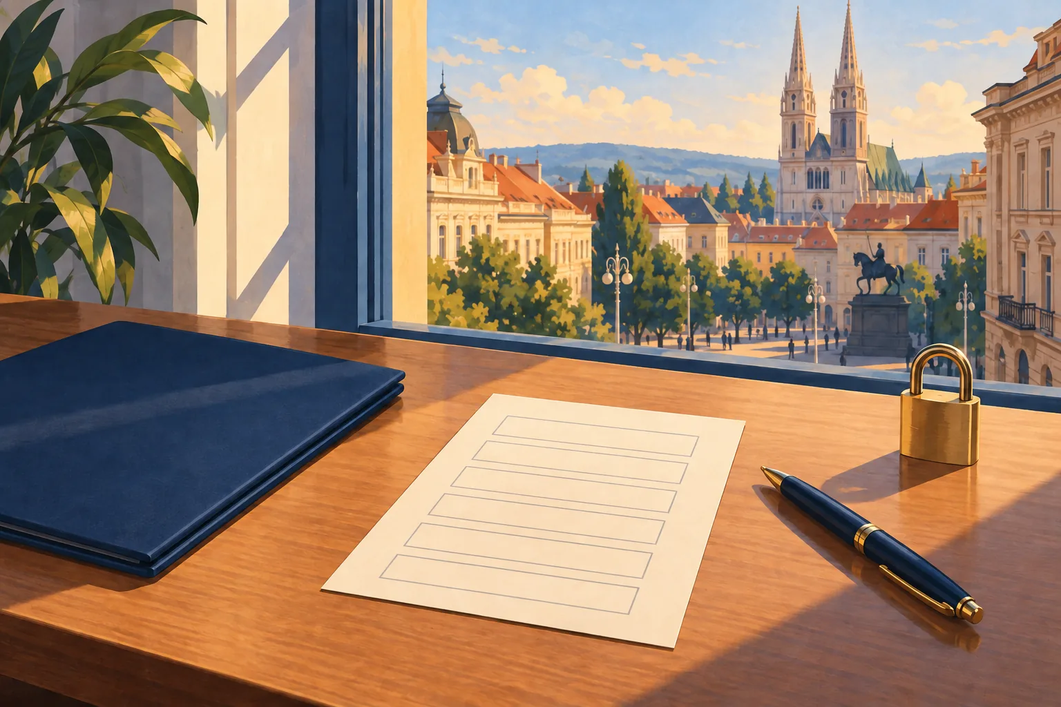 Illustration of a desk with a blank form, a navy folder, a pen and a brass padlock, a square outside.