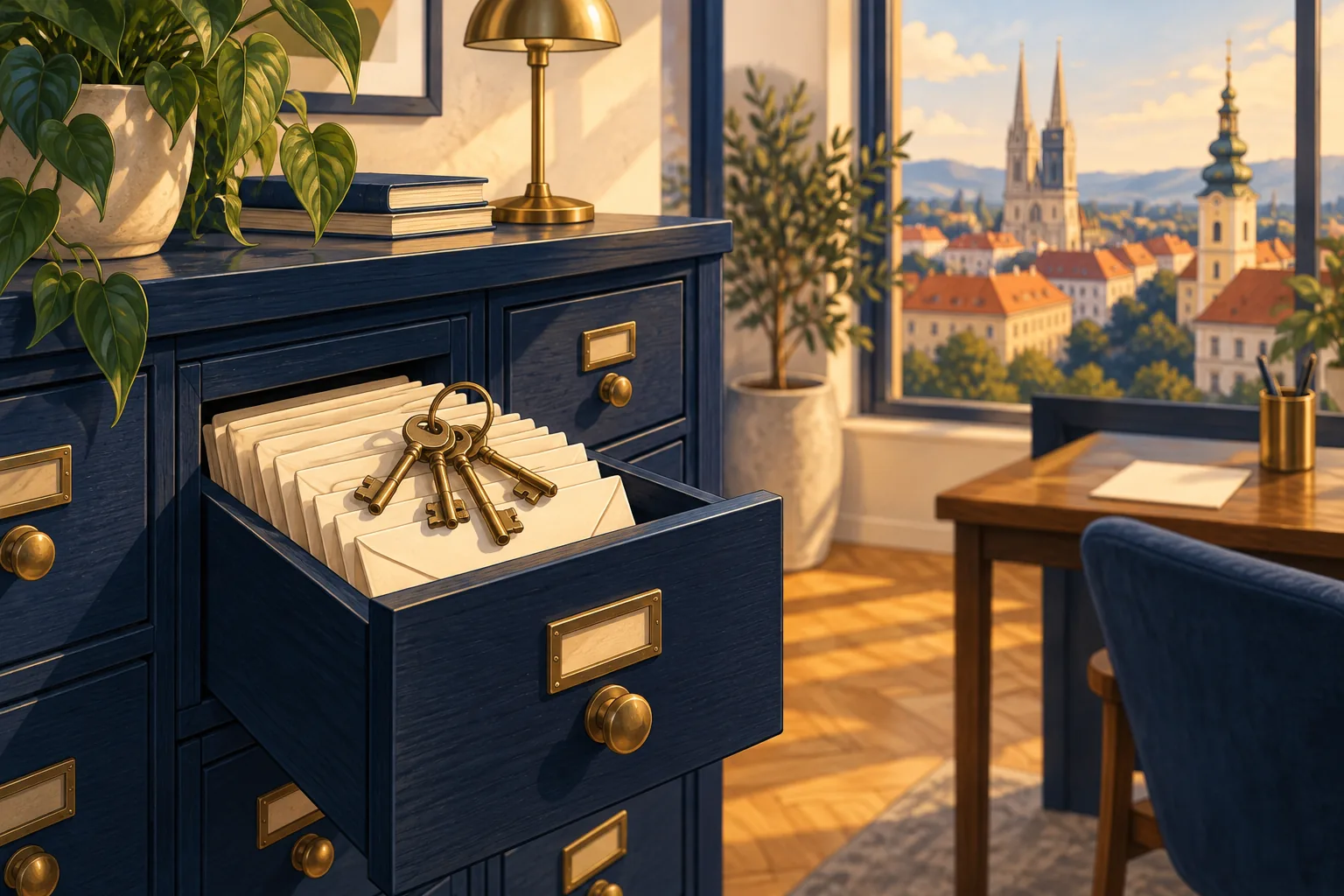 Illustration of an open navy filing drawer holding envelopes and a ring of brass keys, with Zagreb in the window.