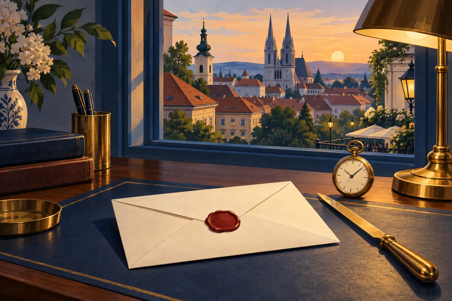 Illustration of a sealed envelope on a desk with a pocket watch, letter opener and lamp, at sunset over Zagreb.