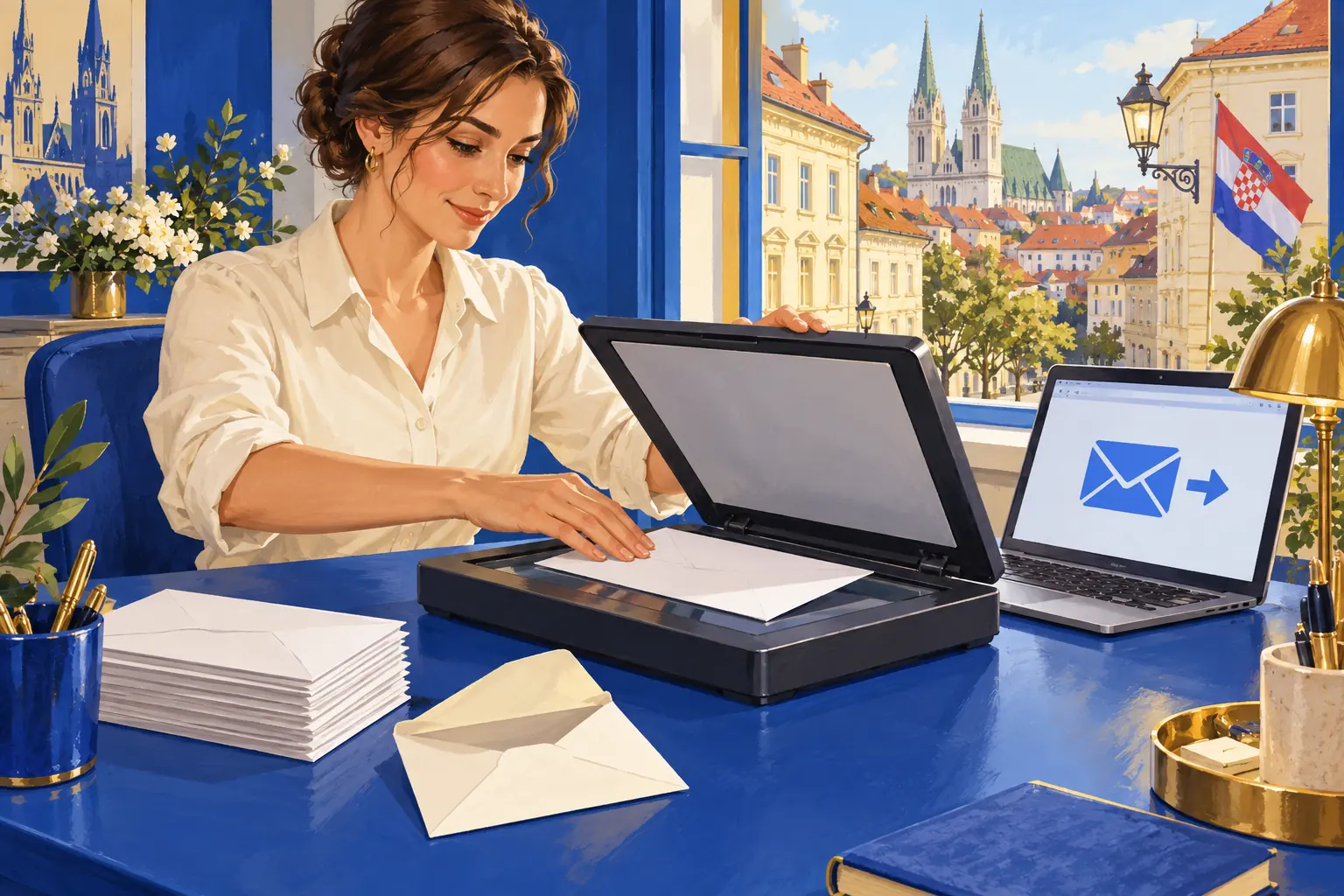 A woman in a cream shirt lays a letter face down on a flatbed scanner at a blue desk, beside a laptop with an envelope icon and a view of Zagreb through the window.