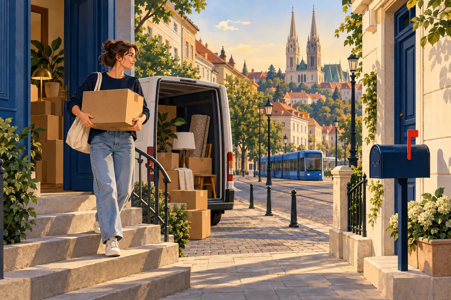 Illustration of a woman carrying a cardboard box down steps past a van, a blue mailbox and a tram.