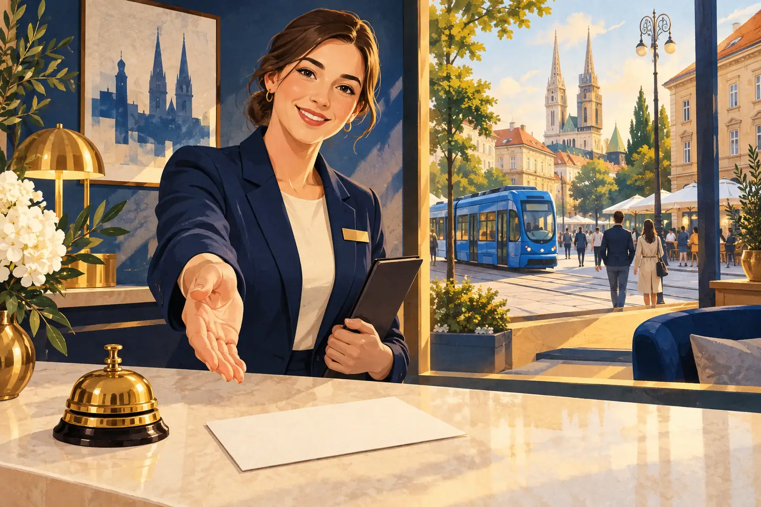 Ilustracija nasmiješene recepcionistice za mramornim pultom s mjedenim zvoncem koja pruža ruku, a vani je plavi tramvaj.
